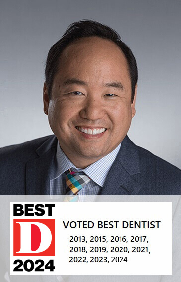 Best Dentist 2023 A portrait of Dr. Mitchell Kim with a list of years when he received the Best Dentist award
